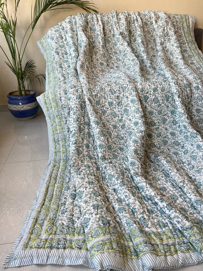 Indian Hand Block Print Cotton Quilts Kantha Floral Quilt, Indian Handmade Reversible Jaipuri Raz... | Etsy (US)