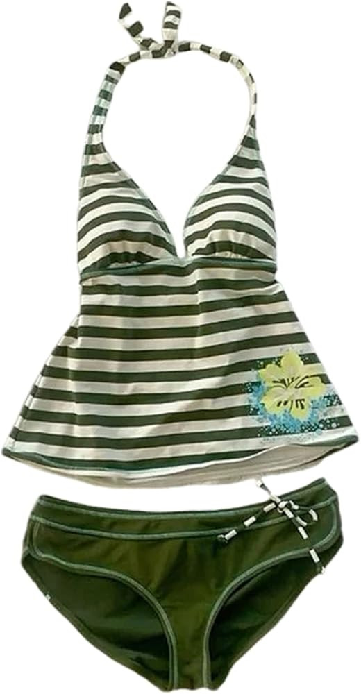 Summer 2 Piece Stripe Beach Bikini Set Y2k Sexy Floral Print Halter Neck Swimsuit Set 2000s Aesth... | Amazon (US)