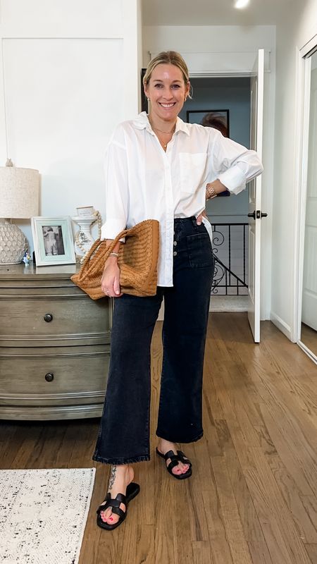 Small button down. Size 8 jeans. Loving this chic neutral look for the warmer weather. This bag is 😍 too! The jeans are lighter weight and so comfy! 

#LTKstyletip #LTKfindsunder50 #LTKmidsize