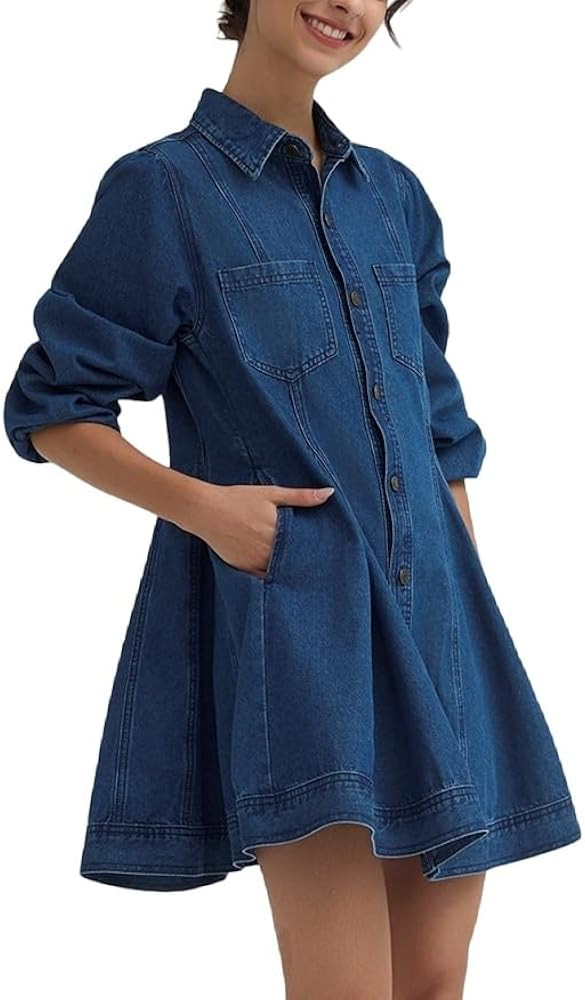 D-Sun Women's Long Sleeve Denim Dress Button Down Collar Casual A Line Swing Ruffle Jean Mini Dre... | Amazon (US)