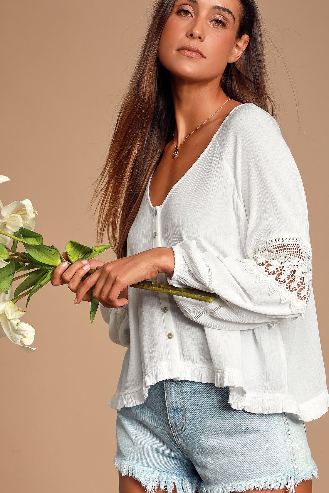 Joanie White Crochet Lace Long Sleeve Button-Up Top | Lulus