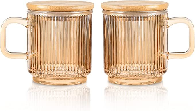 Amazon.com | Joeyan Amber Glass Coffee Mugs Set of 2 - 11.5 oz Striped Coffee cups with Lid - Lar... | Amazon (US)