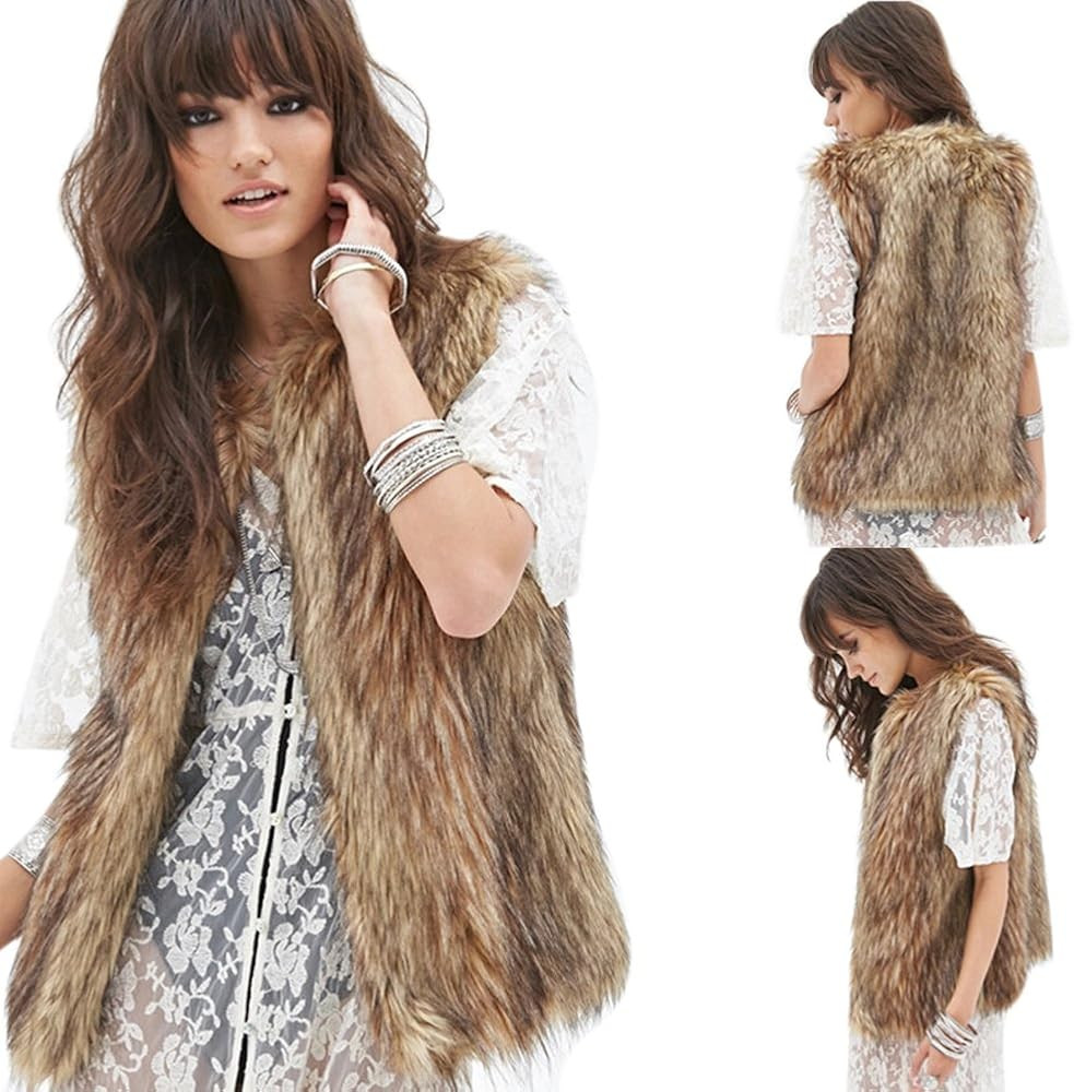 Dikoaina Womens Ladies Fashion Autumn and Winter Warm Short Faux Fur Vests Outwear Jacket | Amazon (US)