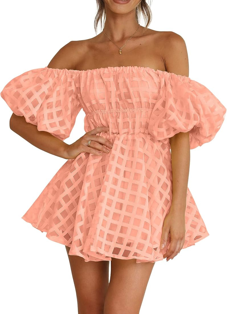 PRETTYGARDEN Women's Off The Shoulder Babydoll Dress Short Puff Sleeve Casual A Line Ruffle Summe... | Amazon (US)