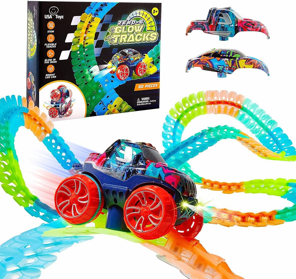 USA Toyz Zero-G Glow Race Track for Kids- 60pcs Glow in The Dark Flexible Race Car Track Set with... | Amazon (US)