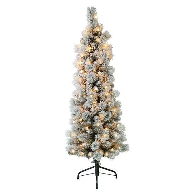 Puleo International 4.5 ft. Pre-Lit Flocked Portland Pine Pencil Artificial Christmas Tree with 1... | Walmart (US)