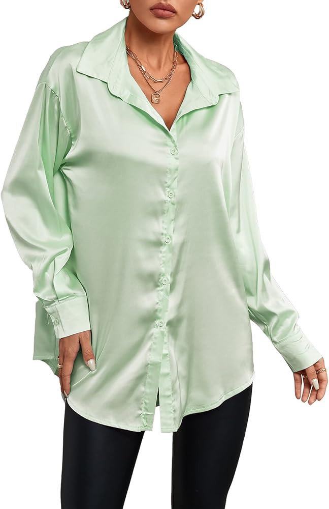 LYANER Women's Satin Silk Collar V Neck Button Down Long Sleeve Blouse Shirt Top | Amazon (US)