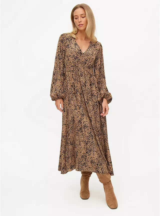 Buy Brown Animal Print Midaxi Long Sleeve Dress 12 | Dresses | Tu | Tu Clothing
