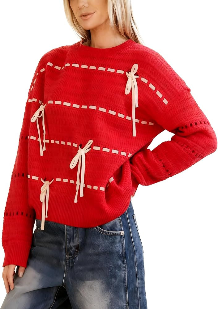 Vimida Women‘s Crochet Sweater Pullover Casual Long Sleeve Bow Tie Top Lightweight Hollow Out K... | Amazon (US)