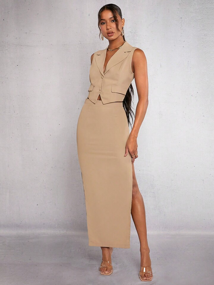 SHEIN BAE Lapel Neck Vest Blazer & Split Thigh Skirt | SHEIN