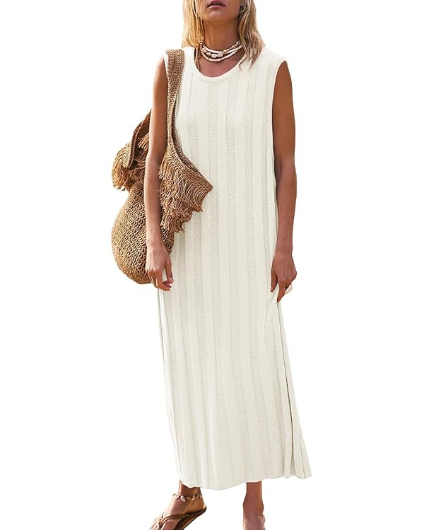 Fisoew Women's Summer Sleeveless Maxi Dress Scoop Neck Ribbed Knit Tank Top Dresses | Amazon (US)