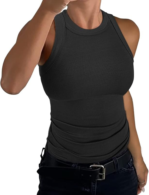 Womens Sleeveless Racerback High Neck Casual Basic Cotton Ribbed Fitted Tank Top | Amazon (US)