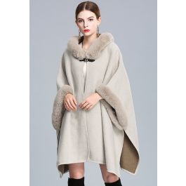 Cozy Faux Fur Hooded Poncho in Sand | Chicwish