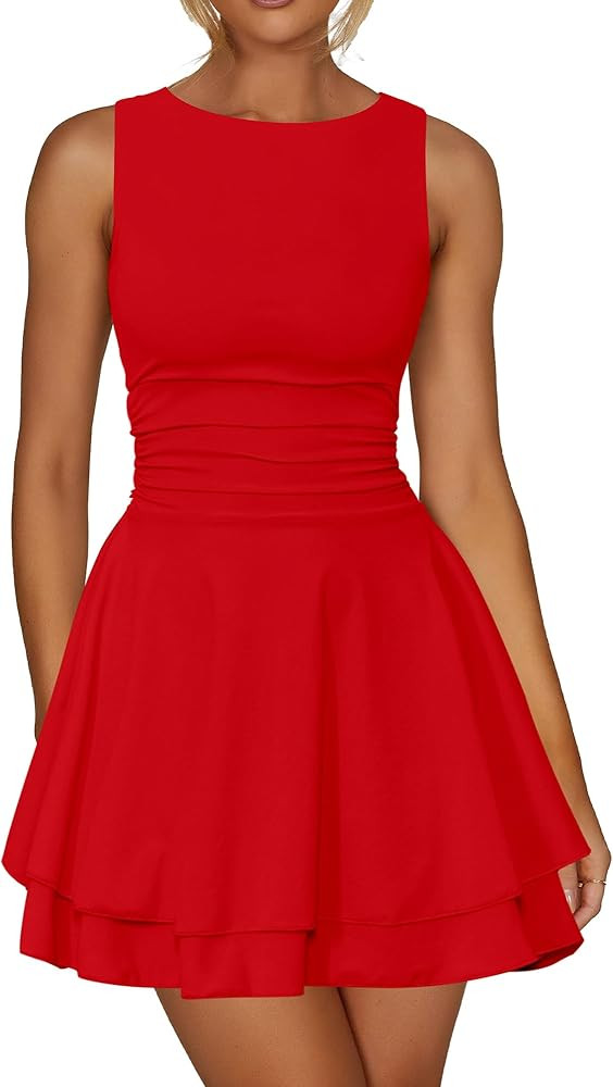 Kaximil Women's Ruffle Hem Boat Neck Mini Dress Sleeveless Ruched Corset Short Party Dresses | Amazon (US)