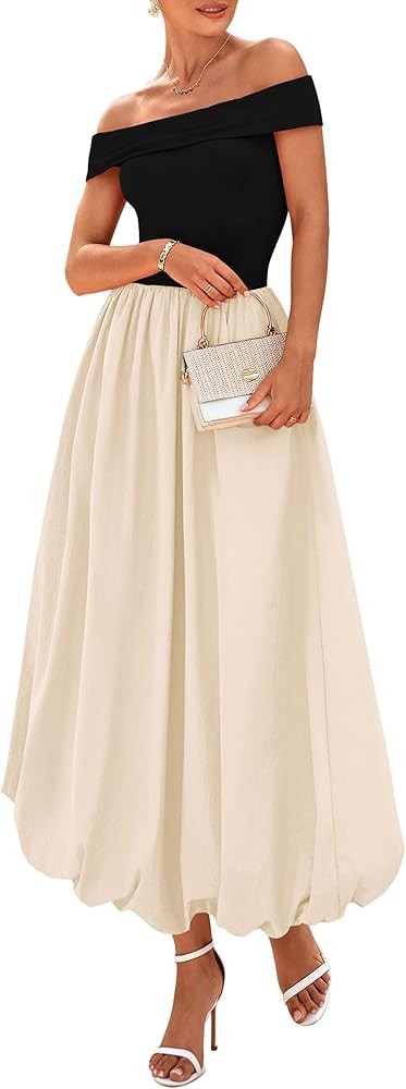 PRETTYGARDEN Womens Summer Off Shoulder Sleeveless Midi Dress Cocktail A Line Flowy Wedding Guest... | Amazon (US)