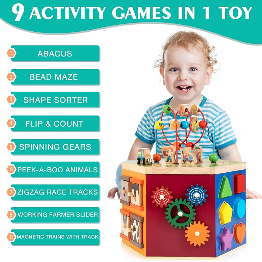 Large Activity Cube, 9-in-1 Farm-Themed Wooden Play Center, Multipurpose Montessori Toy for 1-2 Y... | Amazon (US)
