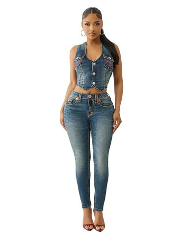 True Religion Women's Jennie Mid-Rise Skinny Flap Jeans – Super T Stitch Denim, 26 | Amazon (US)