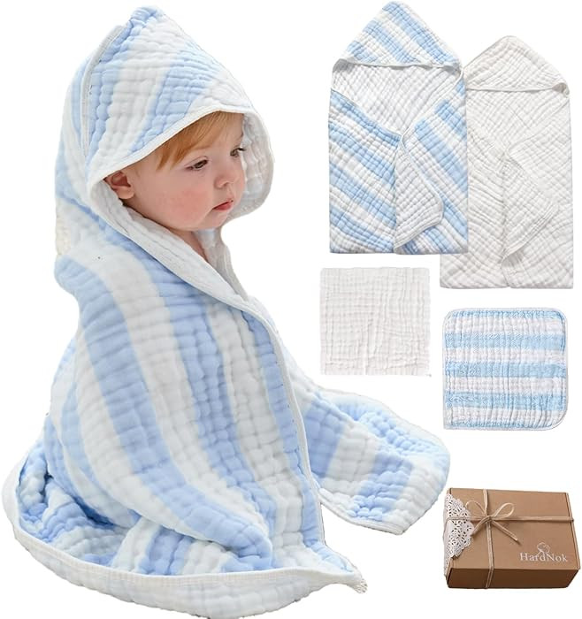 Muslin Hooded Baby Towel 4 Pack, 100% Organic Premium Cotton, (2) 6-Layer 32x32 Bath Towels & (2)... | Amazon (US)