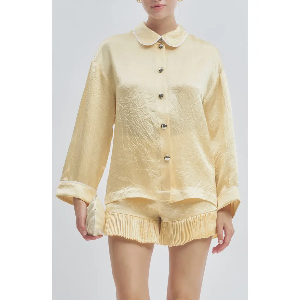 MAUDE CLUB Porter Crinkle Satin Button-Up Top in Butter Yellow at Nordstrom, Size X-Small | Nordstrom