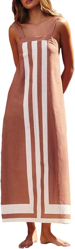 Ailoqing 2025 Women Bohemian Floral Dress Summer Casual Color Block Maxi Beach Overall Dress Cove... | Amazon (US)