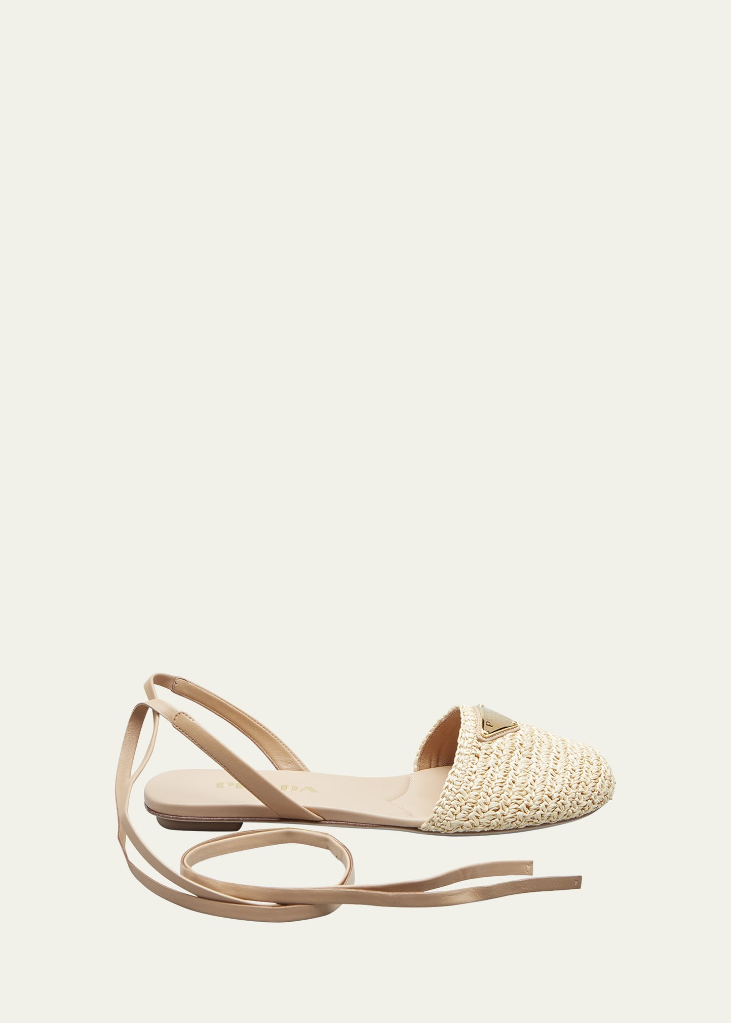 Prada Triangle Logo Raffia Ankle-Wrap Flats | Bergdorf Goodman