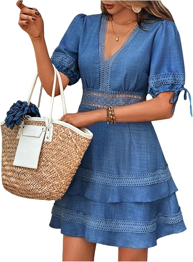 SOLY HUX Women's Summer Dress Hollow Out Lace V Neck Puff Short Sleeve A Line Layered Short Dress... | Amazon (US)