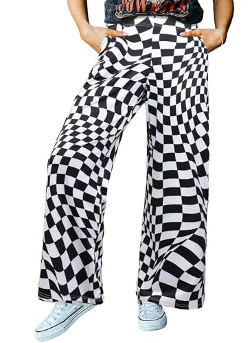Women's Twisted Checkered Pants High Waist Wide Legs Funny Optical Art Patterned Pant Casual Preppy Teacher Trousers with Pockets Black White, M | Amazon (US)