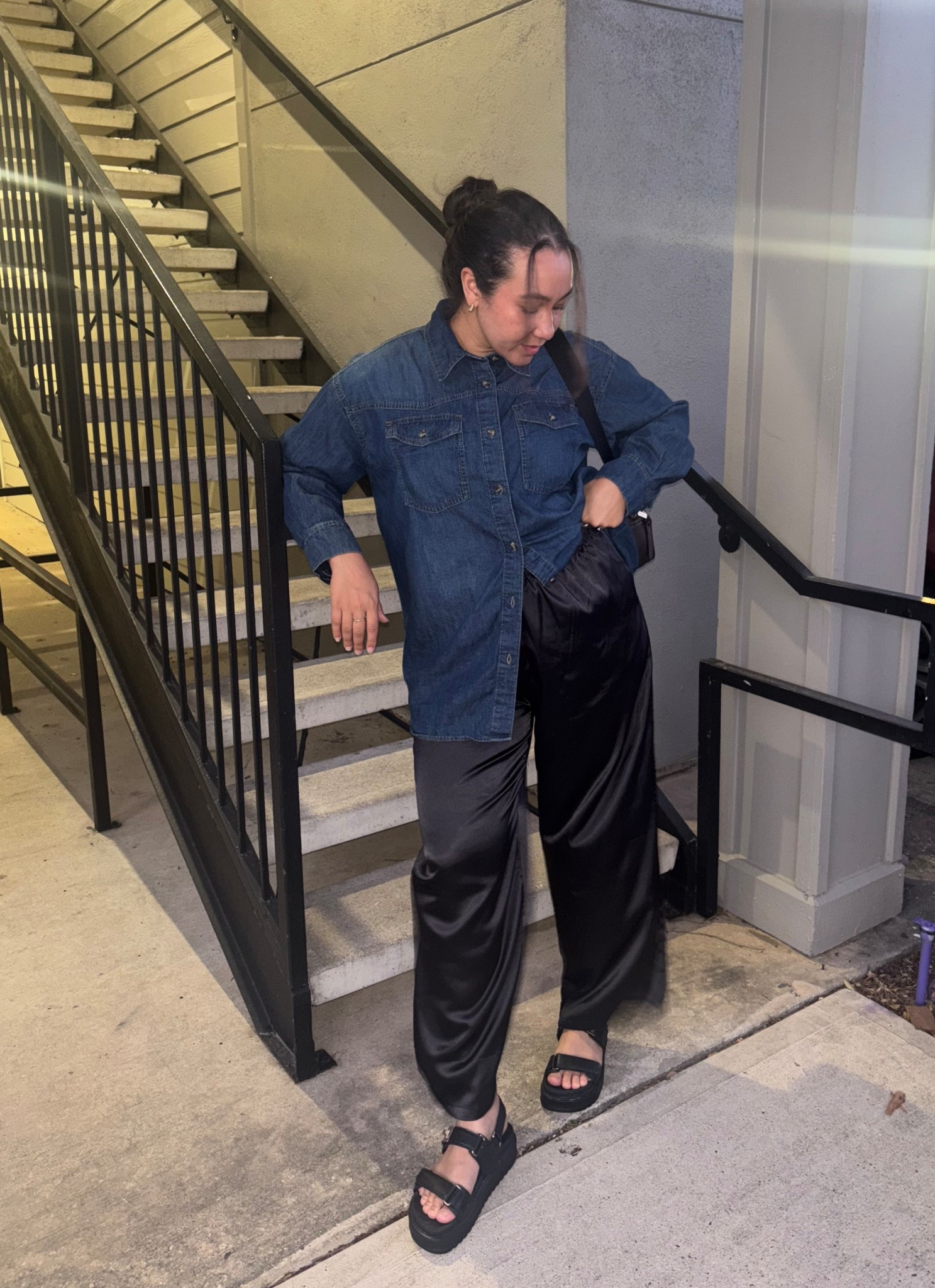 Casual date night look. Amazon satin pants and Walmart button down denim shirt 

#LTKMidsize #LTKStyleTip #LTKFindsUnder50