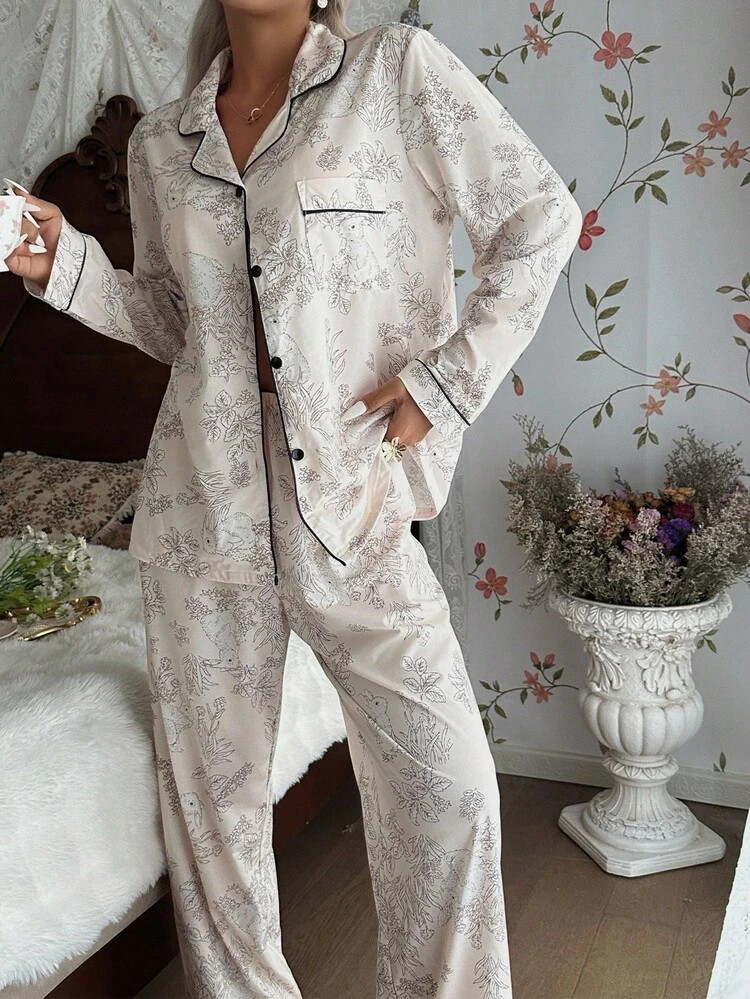 CottageSlumber Floral & Rabbit Print Long Sleeve Pajama Set With Collar For Women Pajama Set Sleep Wear Women 2 Pieces Set Lounge Wear Set , Fall Winter Clothes Cozy And Elegant Details | SHEIN