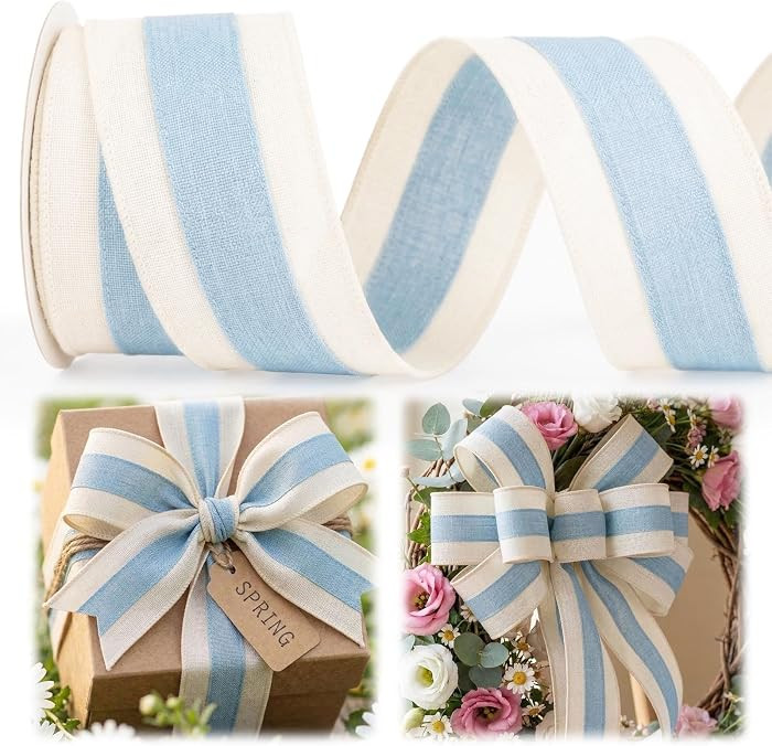 Ribbon Bow Ribbons for Holiday Birthday Accessory Decor, Spring Blue Stripe Wired Edge Ribbons fo... | Amazon (US)