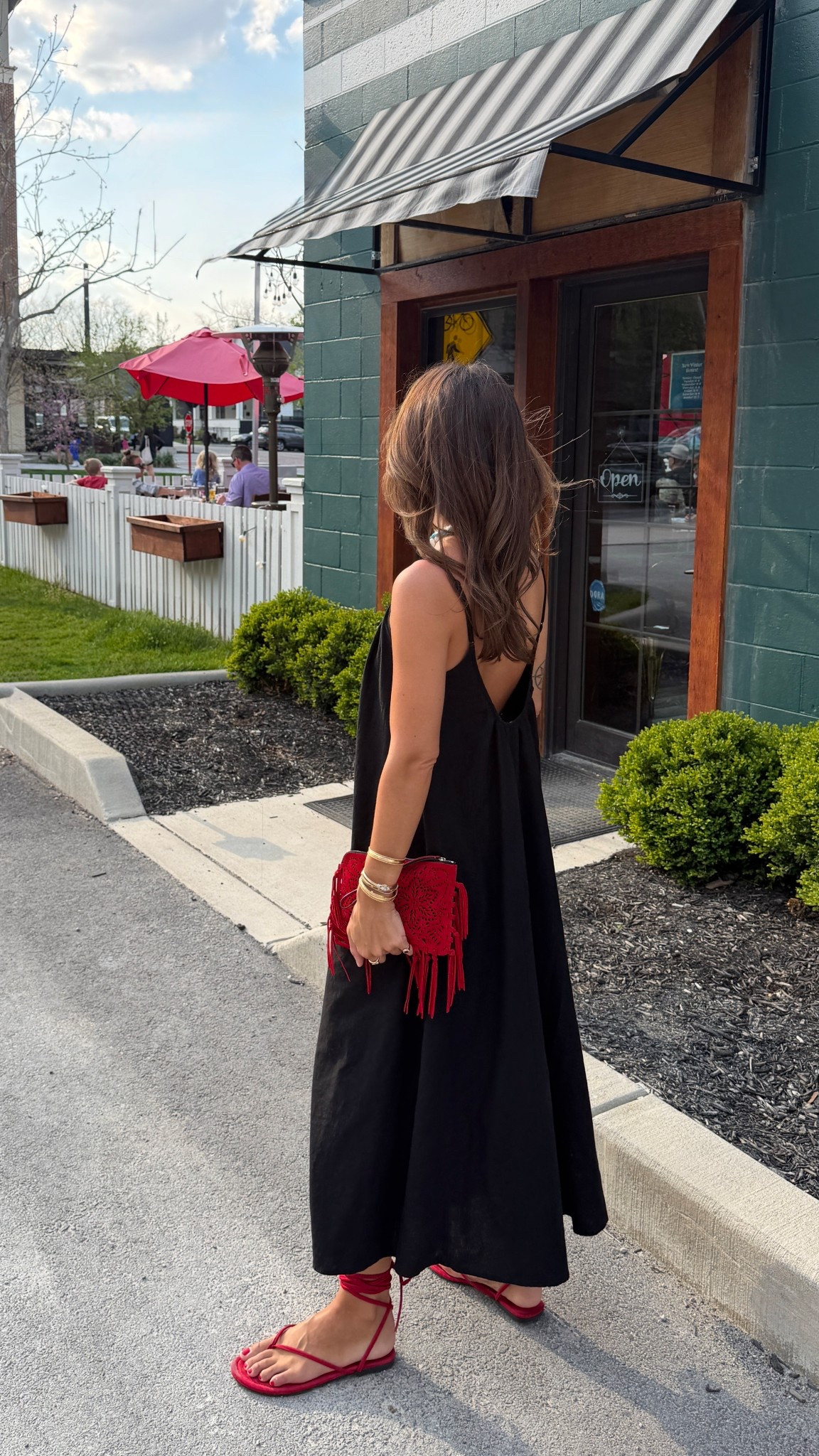 XS in dress! Exact sandals are sold out in red but Tkees has similar! Sunnies are Elisa Johnson Miller glasses and bag is old Isabel Marant