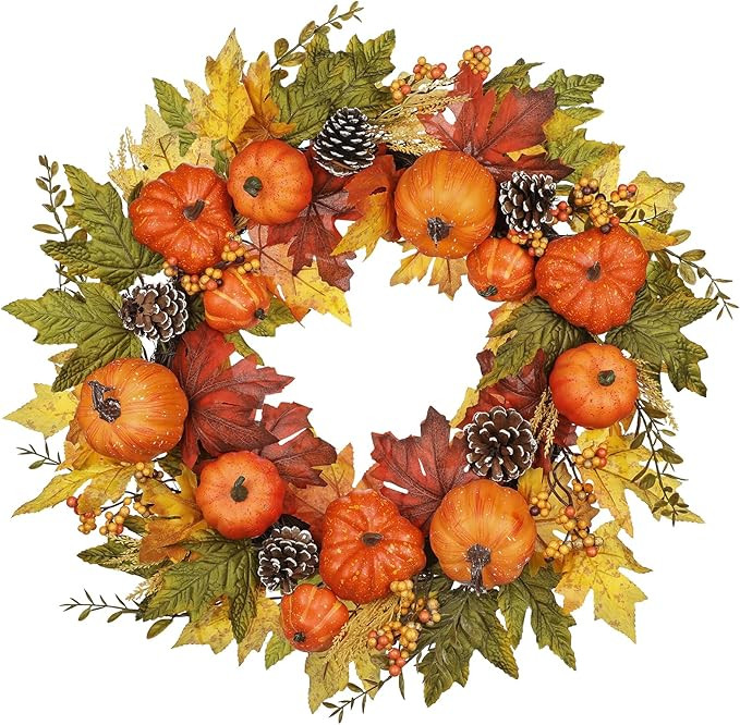 Fall Wreaths for Front Door Outside 24" Autumn Wreath with Fake Pumpkins, Pinecones, Berries, Fal... | Amazon (US)