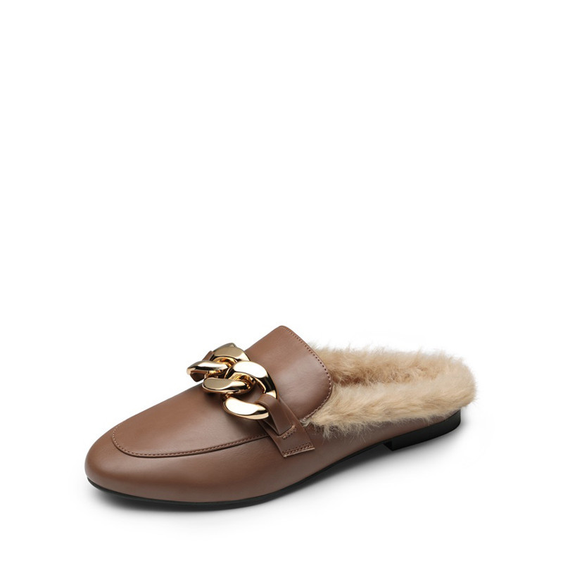 DREAM PAIRS Chain Closed Toe Fur Lined Mules | Dream Pairs