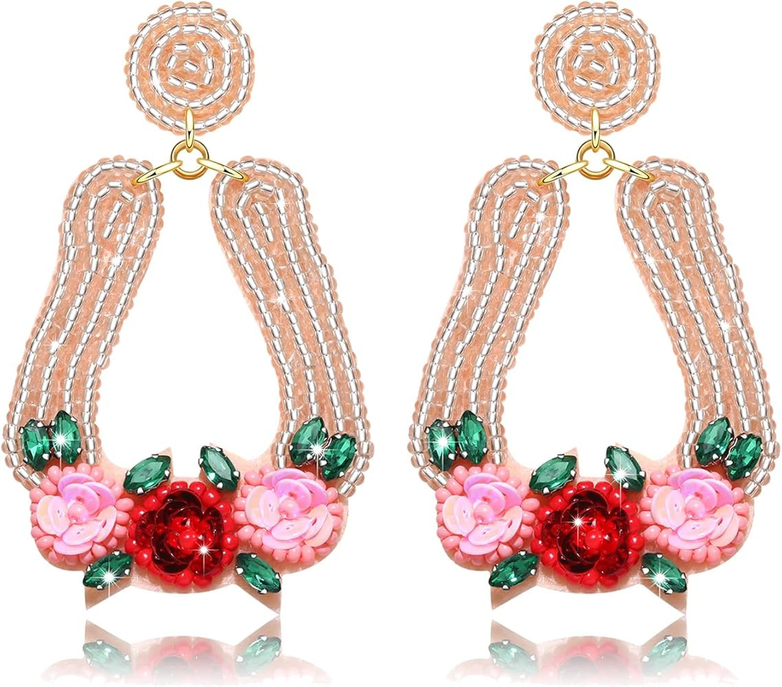 Beaded Derby Earrings for Women Handmade Western Horseshoe with Flower Earrings Derby Day Horse R... | Amazon (US)