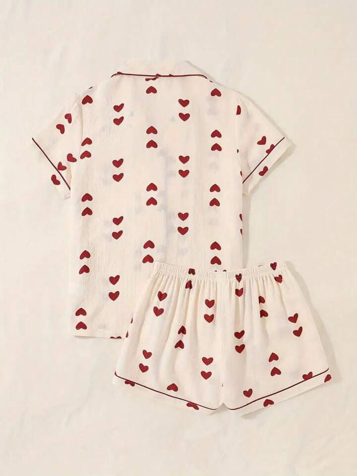2pcs/Set Plus Size Women Casual Button Front Heart Print Short Sleeve Cardigan Top And Shorts Lou... | SHEIN