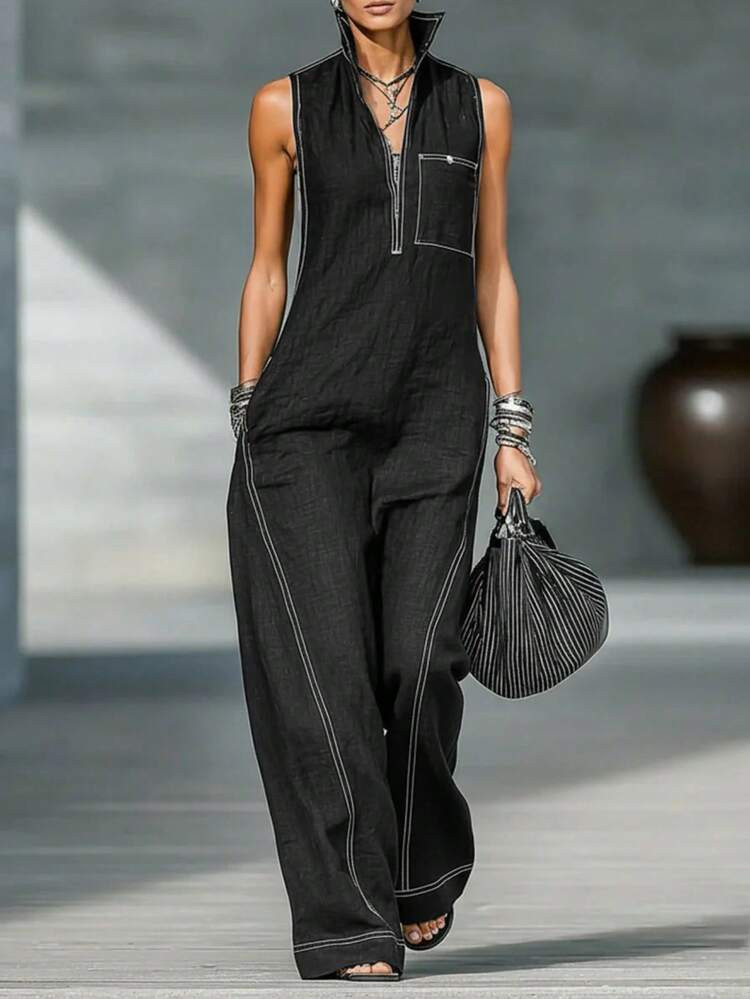 Summer Lazy Style Women's Stand Up Collar Sleeveless Casual Loose Leg Jumpsuit Contrasting Color Summer Casual Loose Commuting Jumpsuit | SHEIN