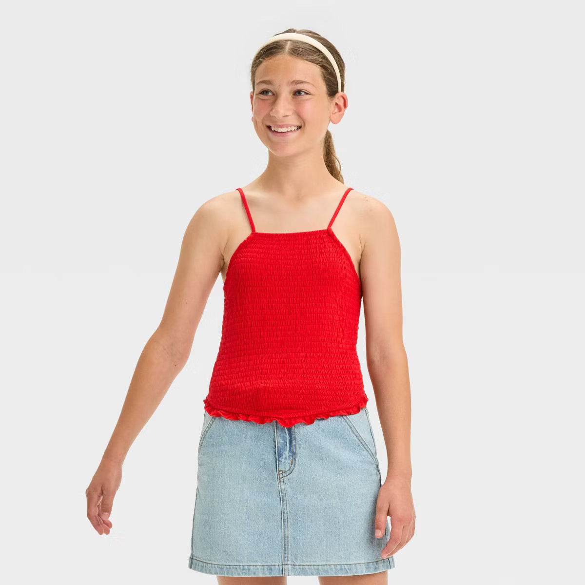 Girls' High Neck Knit Smocked Tank Top - art class™ Red S | Target