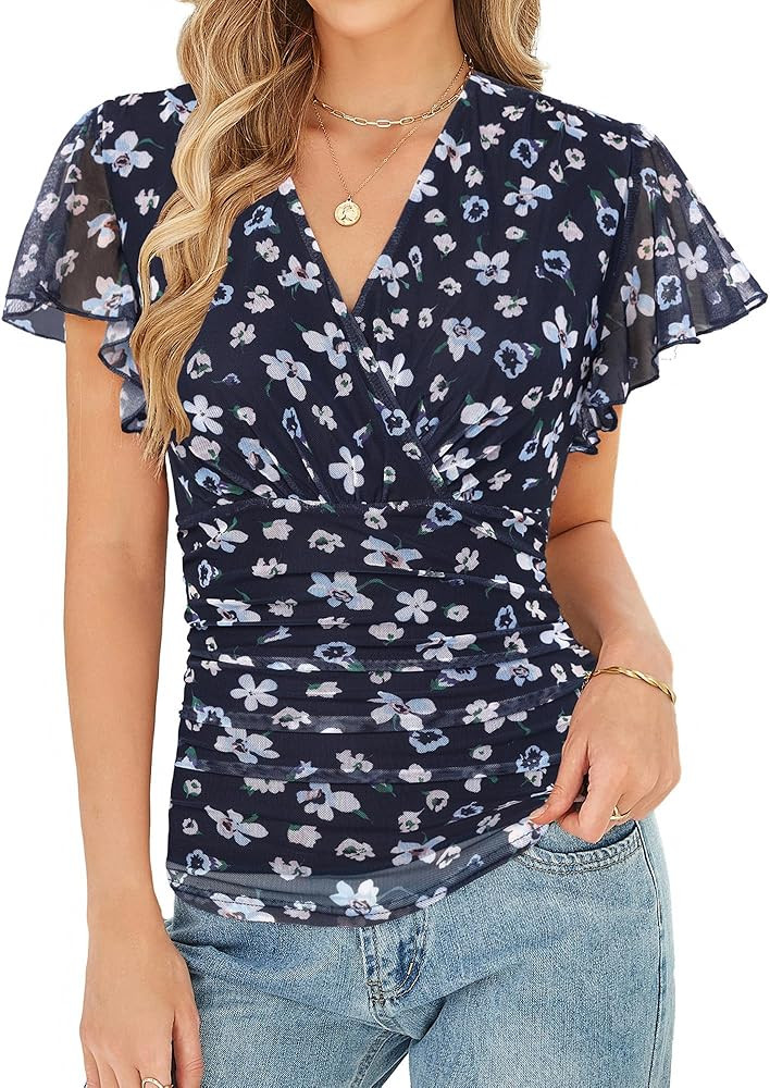 GRACE KARIN 2026 Womens Mesh Tops Summer Ruffle Sleeve Dressy Casual Top Floral Wrap Blouse Fashi... | Amazon (US)