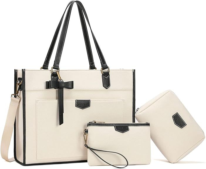Keyli 3 PCS Laptop Bag for Women Canvas Tote Bags 15.6 inch Large Capacity Shoulder Handbag Light... | Amazon (US)