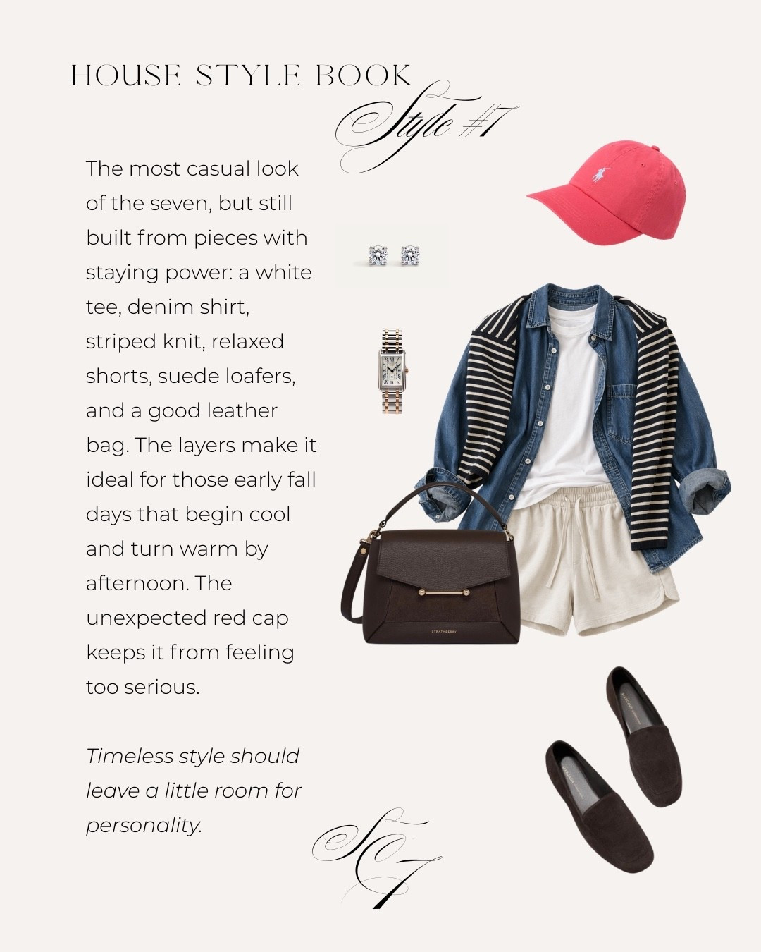 For those September days when the weather cannot quite make up its mind. A white tee, denim shirt, striped knit and easy shorts give you layers to add and remove all day. Suede loafers and a proper leather bag keep it from drifting into gym-clothes territory, and the red cap adds just enough personality. Casual does not have to mean careless.

#EarlyFallStyle #FallLayers #FallOutfit #CasualStyle #ElevatedBasics #ClassicStyle #EverydayStyle #SilkAndCedar

#LTKdayinmylife #LTKSeasonal #LTKOver40