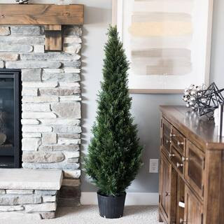4 ft. Green Artificial Potted Cedar Topiary Tree in Pot | The Home Depot
