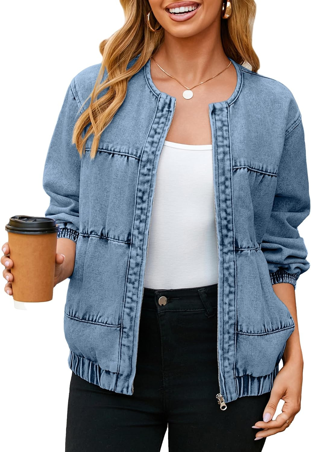Glamaker Womens Denim Bomber Jacket Trendy Casual Zip Up Crew Neck Long Sleeve Loose Fit Jean Jacket Fall Outfits | Amazon (US)