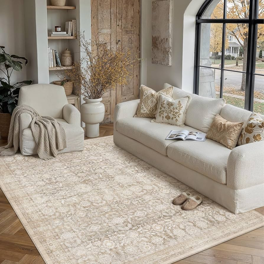 5x7 Beige Washable Neutral Area Rug for Living Room Floral Non Slip Low Pile Throw Rug Vintage Tr... | Amazon (US)