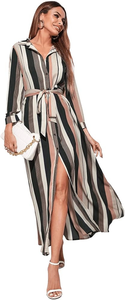 SweatyRocks Women's Long Sleeve Button Front Shirt Dress Stripe Print Belted Maxi Dresses | Amazon (US)
