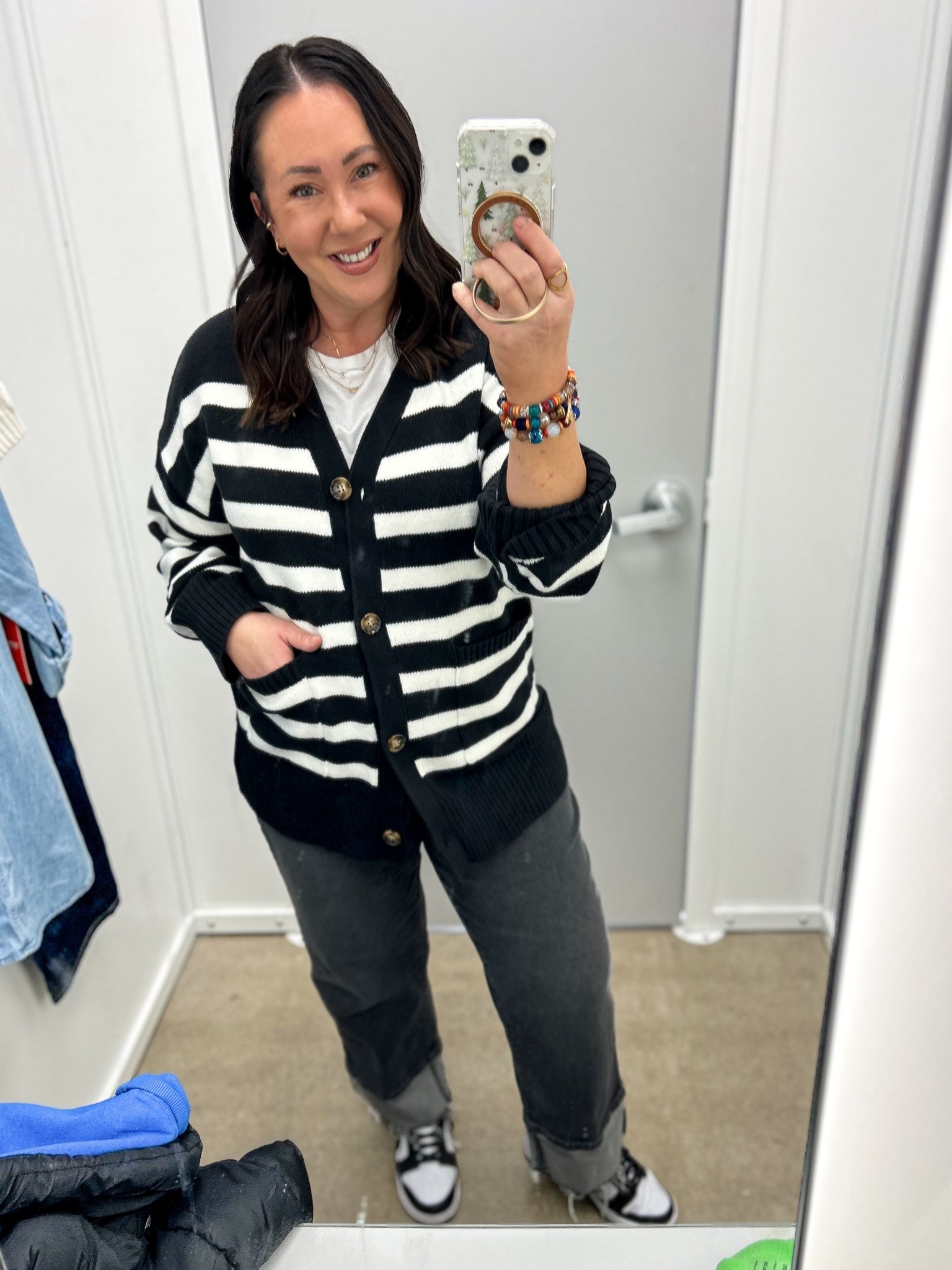 Look for these soft striped cardigans in store @walmart. Wearing an xl but it’s very oversized. I would prefer a large in this one. XL @gap tee. Size 16 regular jeans  @nike dunks run true to size.  

#LTKOver40 #LTKFindsUnder50 #LTKSeasonal
