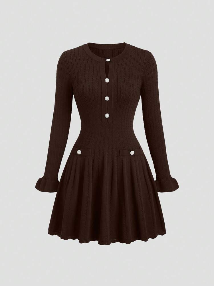 SHEIN Clasi Early Autumn French Elegant Style Navy Blue Hollow Out Vintage Ruffle Hem Graceful Long Sleeve Short Knit Dress For Commuting | SHEIN