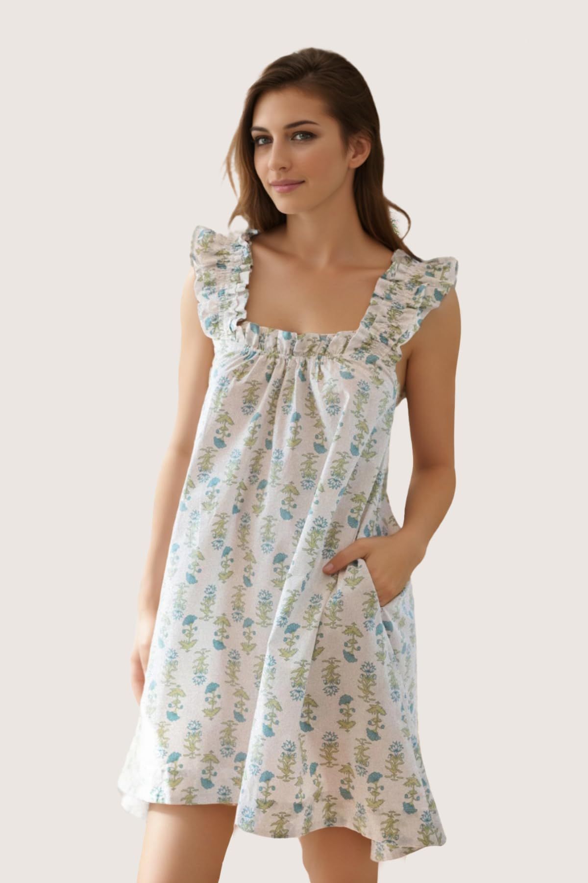 Xfileen Womens Ruffle Sleeveless Nightgowns Soft Cute Printed Sleep Dress Comfy Lightweight Sleepwear | Amazon (US)