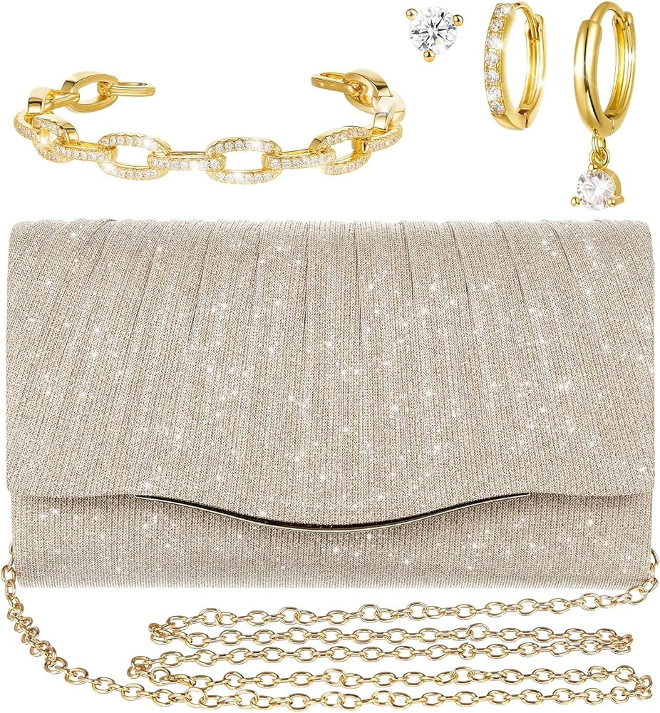 Quelay 3 Pcs Champagne Clutch Purse Jewelry Set for Women Evening Bag Prom Gold Rhinestone Jewelr... | Amazon (US)