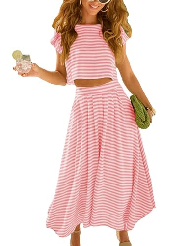 Zontroldy Women's Summer 2 Piece Outfits Striped Skirt Sets Cap Sleeve Crop Top Midi Dress Matching Travel Outfits(1535-Pink-L) | Amazon (US)