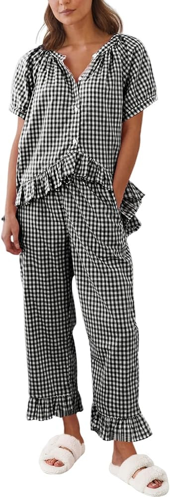 Gihuo Gingham Pajama Set for Women 2 Piece Plaid Cotton Button Down Top and Pants Ruffle Babydoll... | Amazon (US)